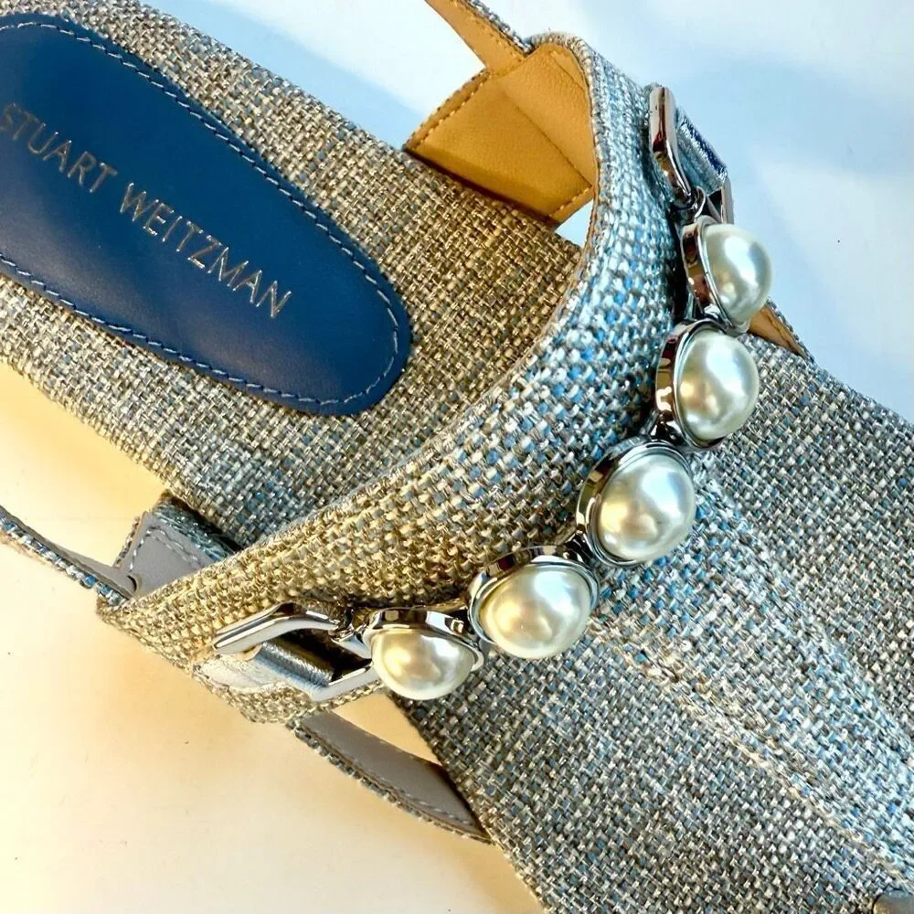 NEW Stuart Weitzman Perla women T-strap sandals in gray/light blue. Size 6
